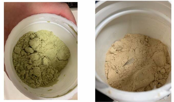 左がカボチャの種プロテインで、右がエンドウ豆プロテインの中身