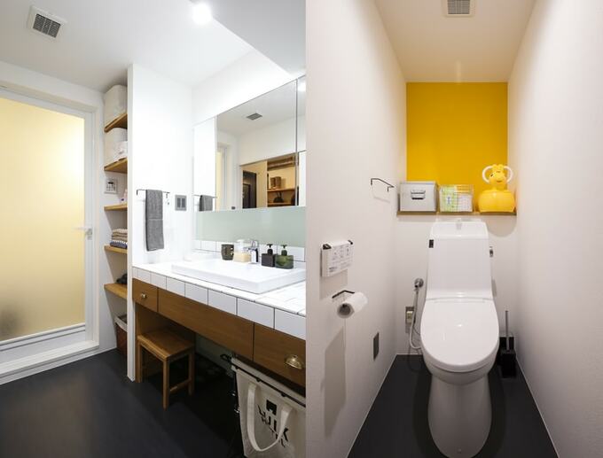 白いタイル張りの水まわり