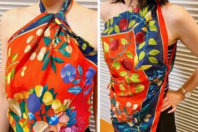 50代「大判スカーフ」のすてきな使い方。夏はインナーの上に巻いておしゃれになる