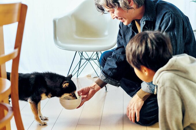 犬にえさをあげる人