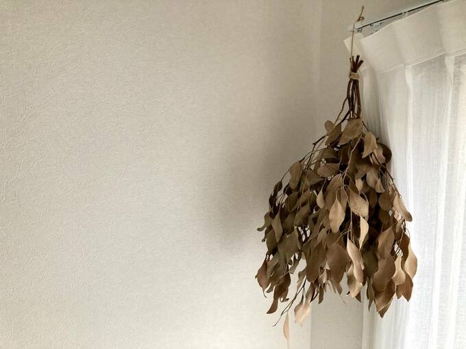 窓のカーテンレールに枯葉