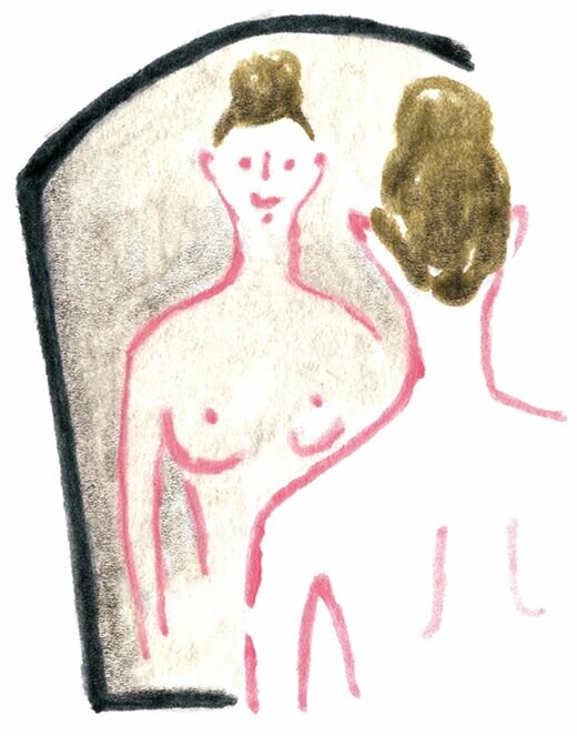 鏡の前で自信の体をチェックをする女性