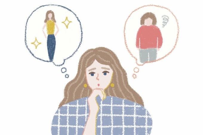 今の自分と未来の自分をイメージする女性のイラスト