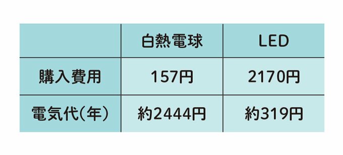 白熱電球とLEDの購入費用・年間電気代を比較した表