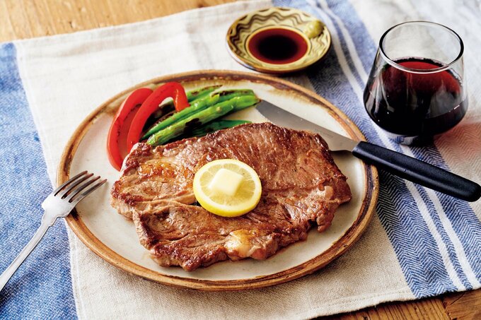 厚切りステーキのレモンバターソースワサビじょうゆ添え