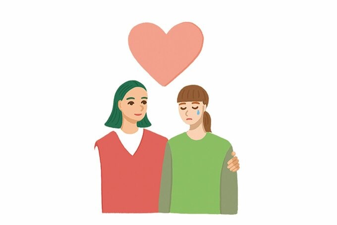 落ち込んでいる人に寄り添い肩に手を置いて励ます人のイラスト