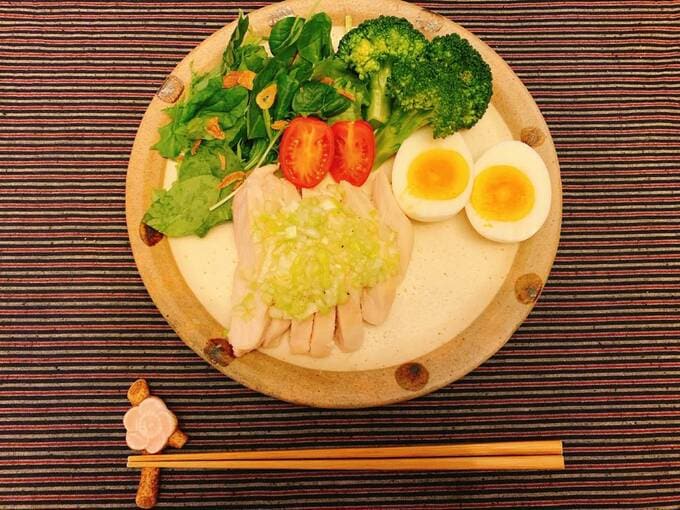 お皿にサラダとサラダチキン