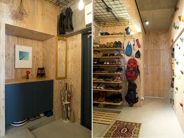 【団地リノベ事例】天井は躯体現しにして広々。玄関ホールには夫妻の趣味を詰め込んで