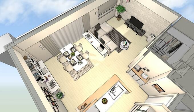 ダイニングチェアとの兼用で、広々とした印象のダイニング