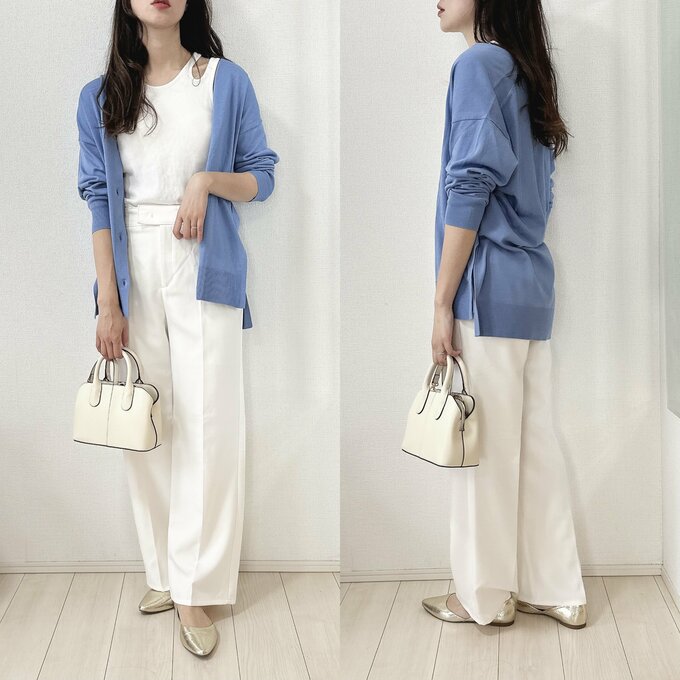 オールホワイトに合わせたカーディガンのコーデ