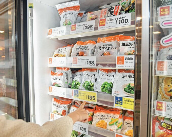 冷凍食品を指さす女性
