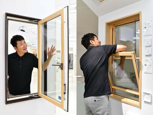 左右とも窓の隙間に手を伸ばす男性