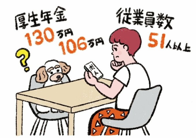 厚生年金や従業員数をスマホでチェックする女性イラスト
