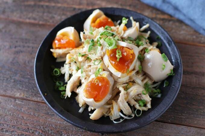サラダチキンと煮卵のネギおつまみ