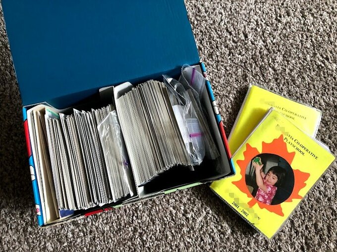 箱にたくさんの写真とアルバム