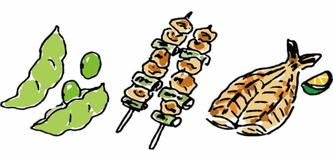 ホッケや焼き鳥（胸肉）、枝豆のイラスト