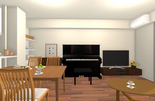 リビングにＴＶボードやピアノ、収納が並ぶと窮屈な印象