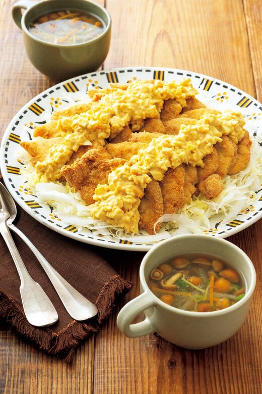鶏ササミカツカレータルタルソースと豆苗とナメコのスープ