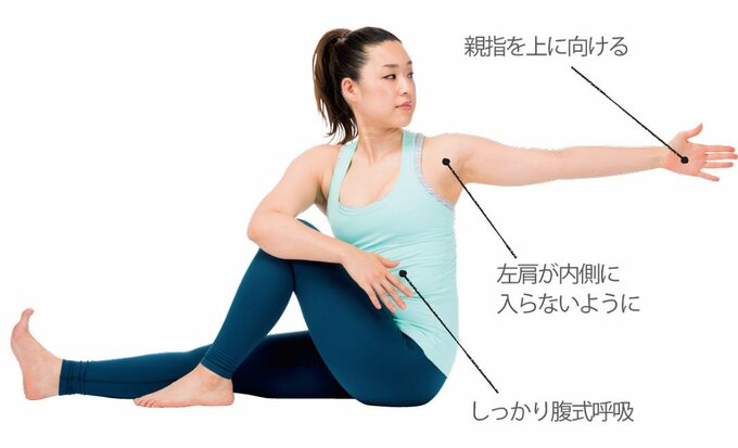 背骨をねじりながら腕をのばす