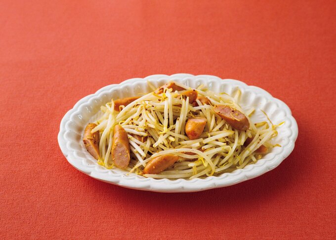 モヤシとソーセージのマスタードコンソメあえ