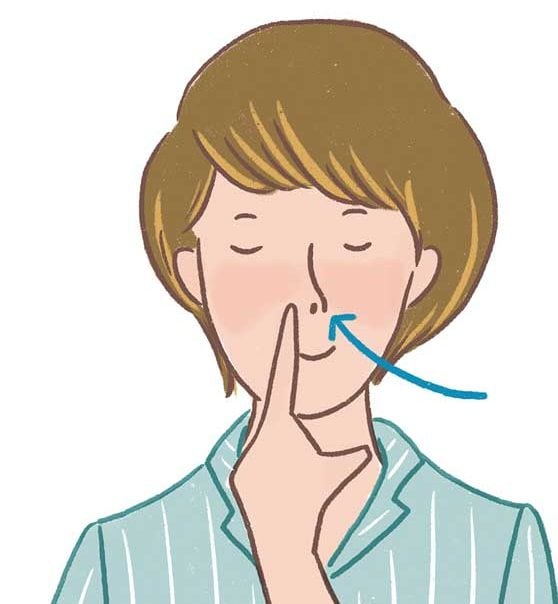 左手の人さし指で右鼻を押さえる