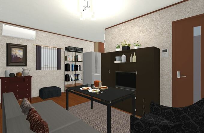 色の濃い高級感のある家具を置き、狭く感じるリビングダイニング