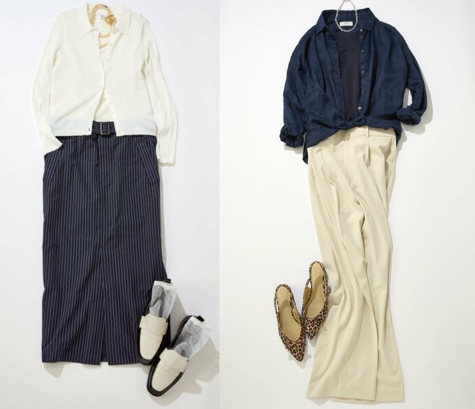 淡色×ネイビーで引き締まったコーデに！