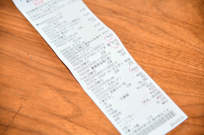 レシート。上の3つの赤い丸は主食費用と調味料費に該当。それ以外が副食物費にあたります。