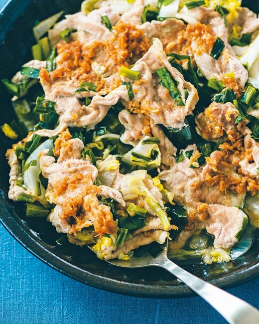 豚こまと白菜、ニラの万能たれ蒸し