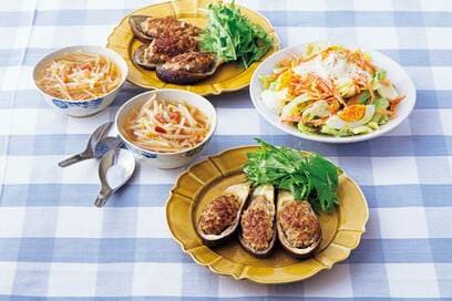 ボリューム満点のナスの肉づめ献立。節約食材を使った「やせレシピ」