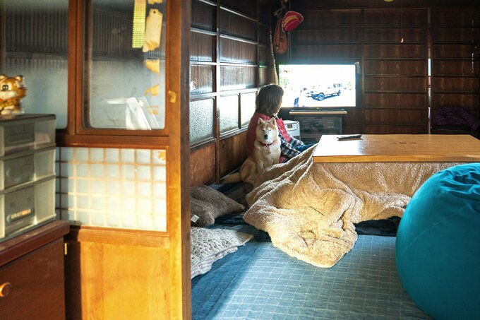 母に背中をくっつける犬