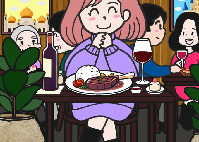 レストランでステーキを食べるイラスト