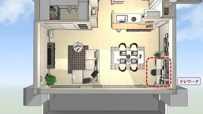 ダイニングの動線の一部にテレワークスペースをつくる
