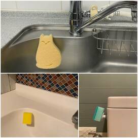 100円グッズでスポンジを「浮かせて収納」。台所やトイレにも大活躍