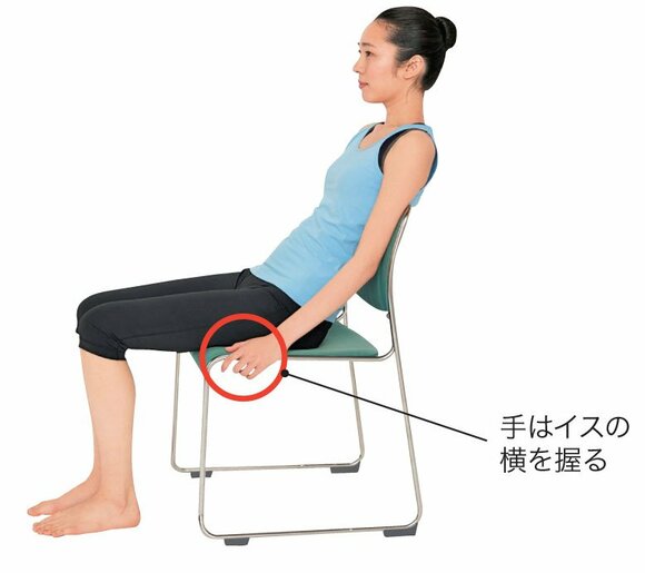 イスに浅く座り背もたれに寄りかかる