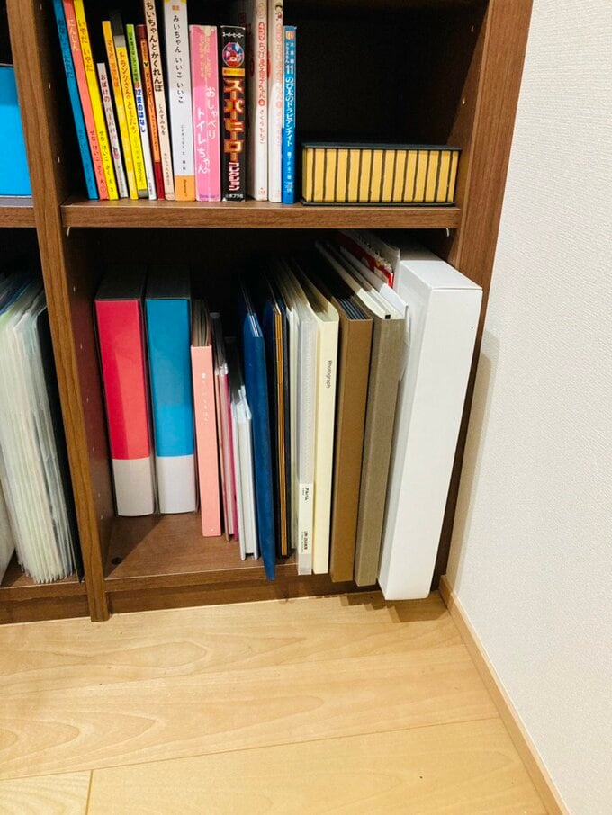 大きめのアルバムや説明書も入る高さに調節可能な棚