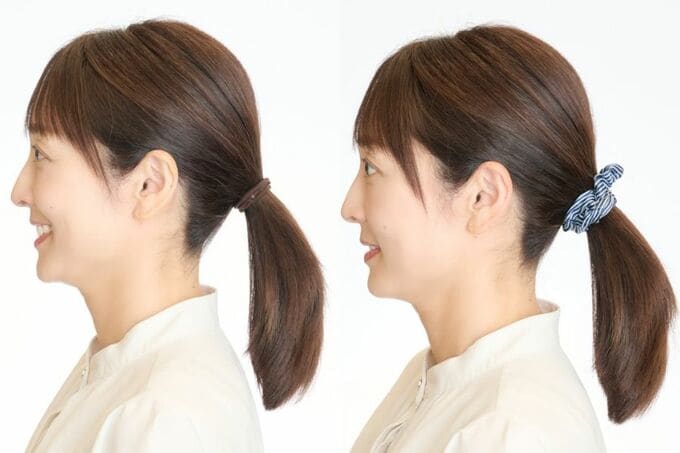 毛量が多いと、結んだときに毛束が襟足から離れてしまう。シュシュをつけても、浮きが気になる