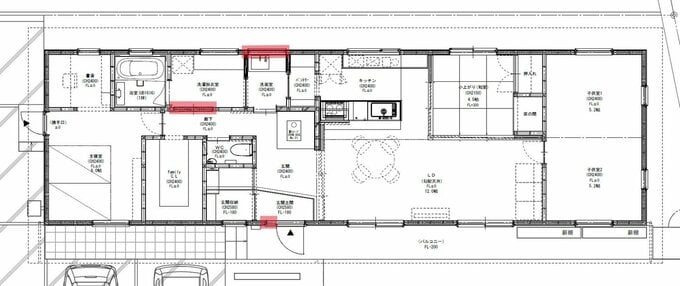 北側・玄関横・中廊下のFIX窓の位置を示した平屋の間取り
