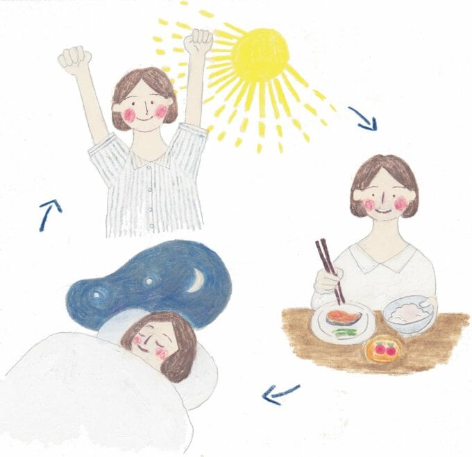 イラスト寝る起きる食事する