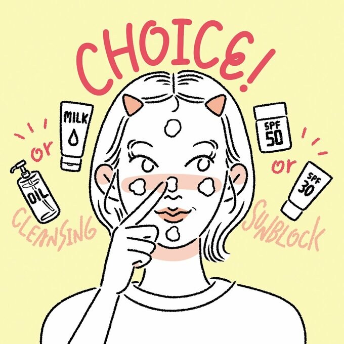日焼け止めやクレンジングを選んで顔に塗る女性のイラスト