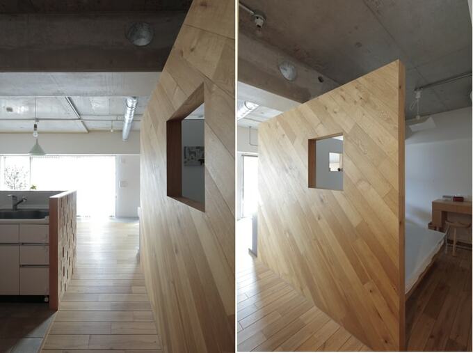 ナラ材で仕切ったベッドスペース