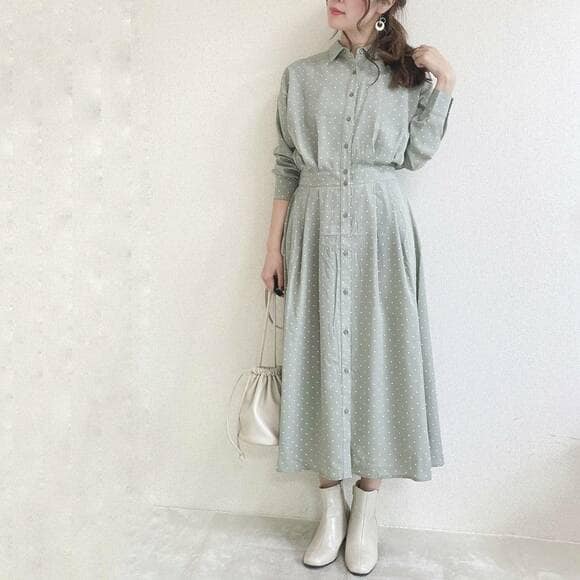 ドットプリントシャツワンピース1枚コーデ