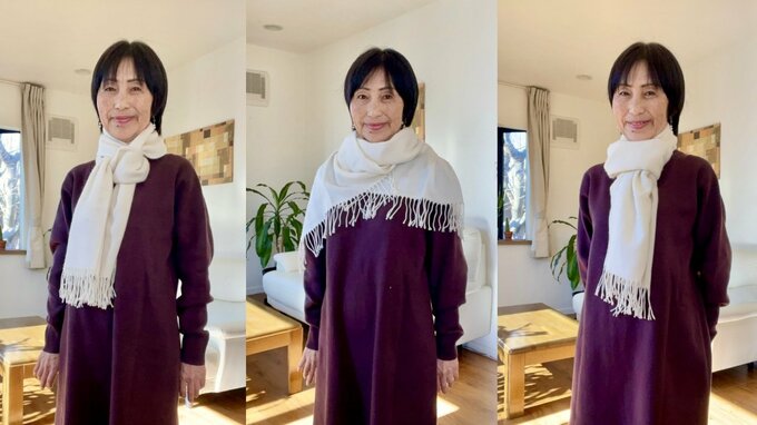 いつものマフラーが新鮮に!左からウィンディ巻き、フリンジ巻き、ポット巻き