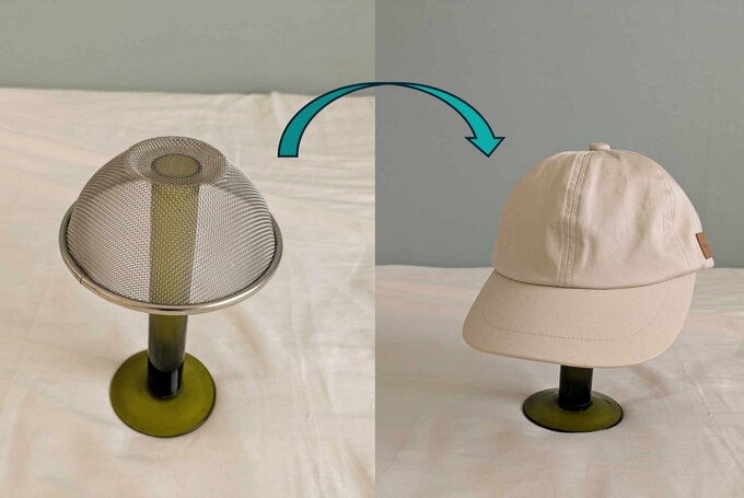 ざるに帽子を干す