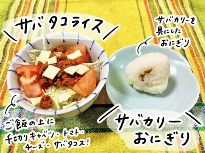 皿に盛られたサバタコスとサバカリーおにぎり