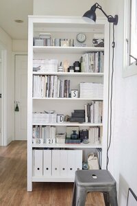 カラフルな本は背表紙を後ろにして本棚へ