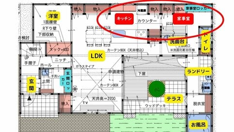 キッチンと横並びの家事室がある間取り。プリント管理＆帰宅後の片づけがラクな家に