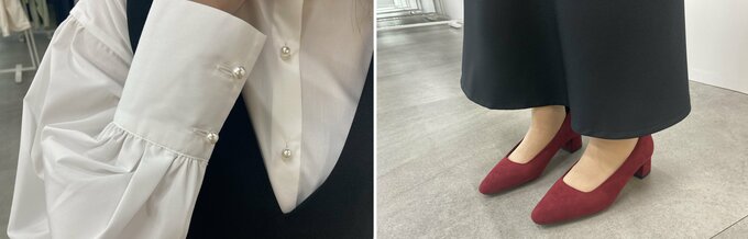 GUのパールボタンブラウスとパンプスのディテール