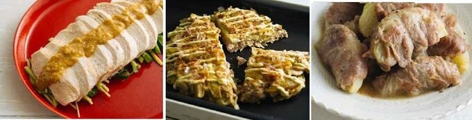 鶏ハムのみそダレ、粉不要のお好み風、肉巻きタマネギ