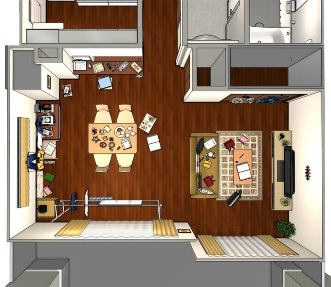 散らかっているマンションに多い一般的な12畳のリビングダイニング